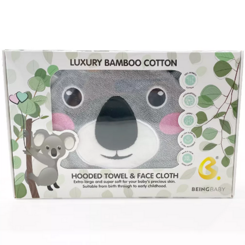 BeingBaby Luxury Bamboo Cotton Hooded Towel & Face Cloth - Koala