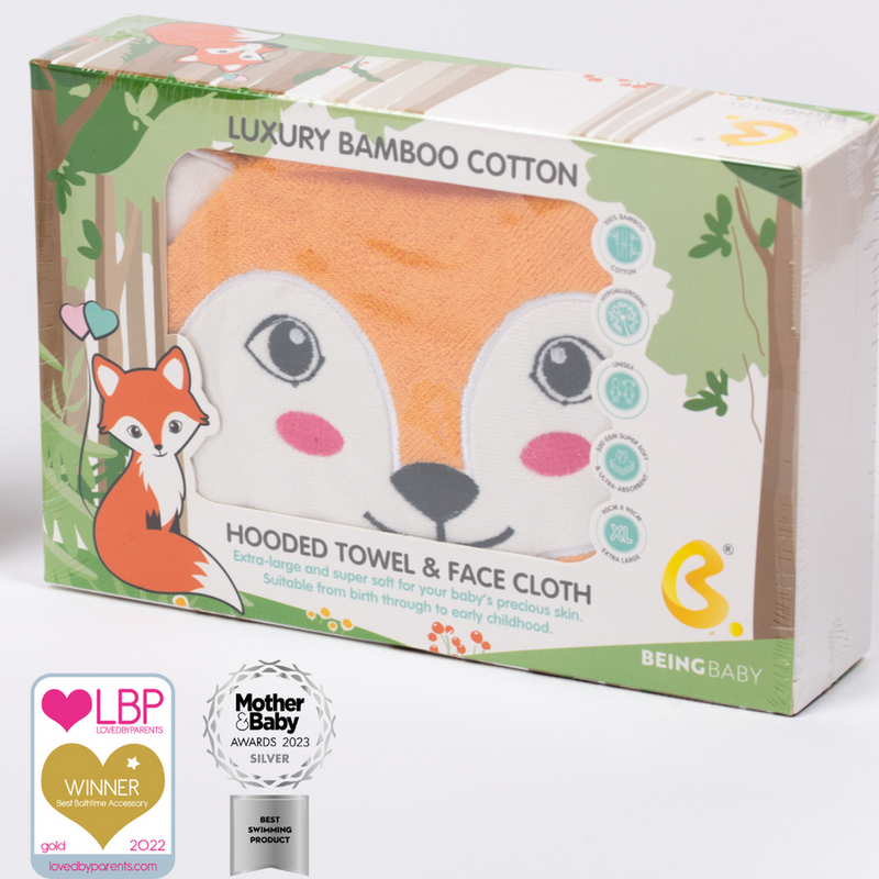 BeingBaby Luxury Bamboo Cotton Hooded Towel & Face Cloth - Fox